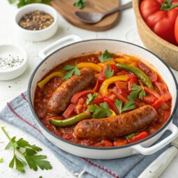 Traditional Spetsofai (Spetzofai) – Spicy Greek Sausages with Peppers and Tomato sauce Recipe