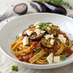 Tagliatelle with Eggplants and Feta Cheese Recipe