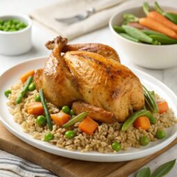 Extra healthy roast chicken with brown rice and boiled vegetables Recipe