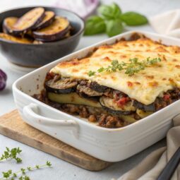 Traditional Moussaka with eggplants (aubergines) and potatoes