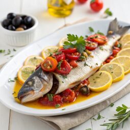 Mediterranean Sea Bass Stuffed with Tomatoes, Lemons and Olives Recipe