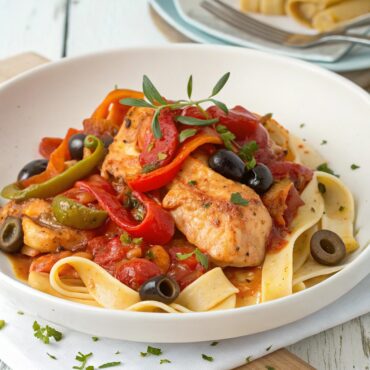 Easy chicken with tomato sauce, peppers, olives and pappardelle! Recipe