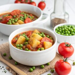 Greek peas and potato stew with tomatoes recipe