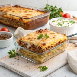 create a perfect view image of a food so that it should look with good presentation and in the image the food should be clearly visible and the central text of food name[Greek Pastitsio (Greek Lasagna with Béchamel) Recipe] standout and extreme.